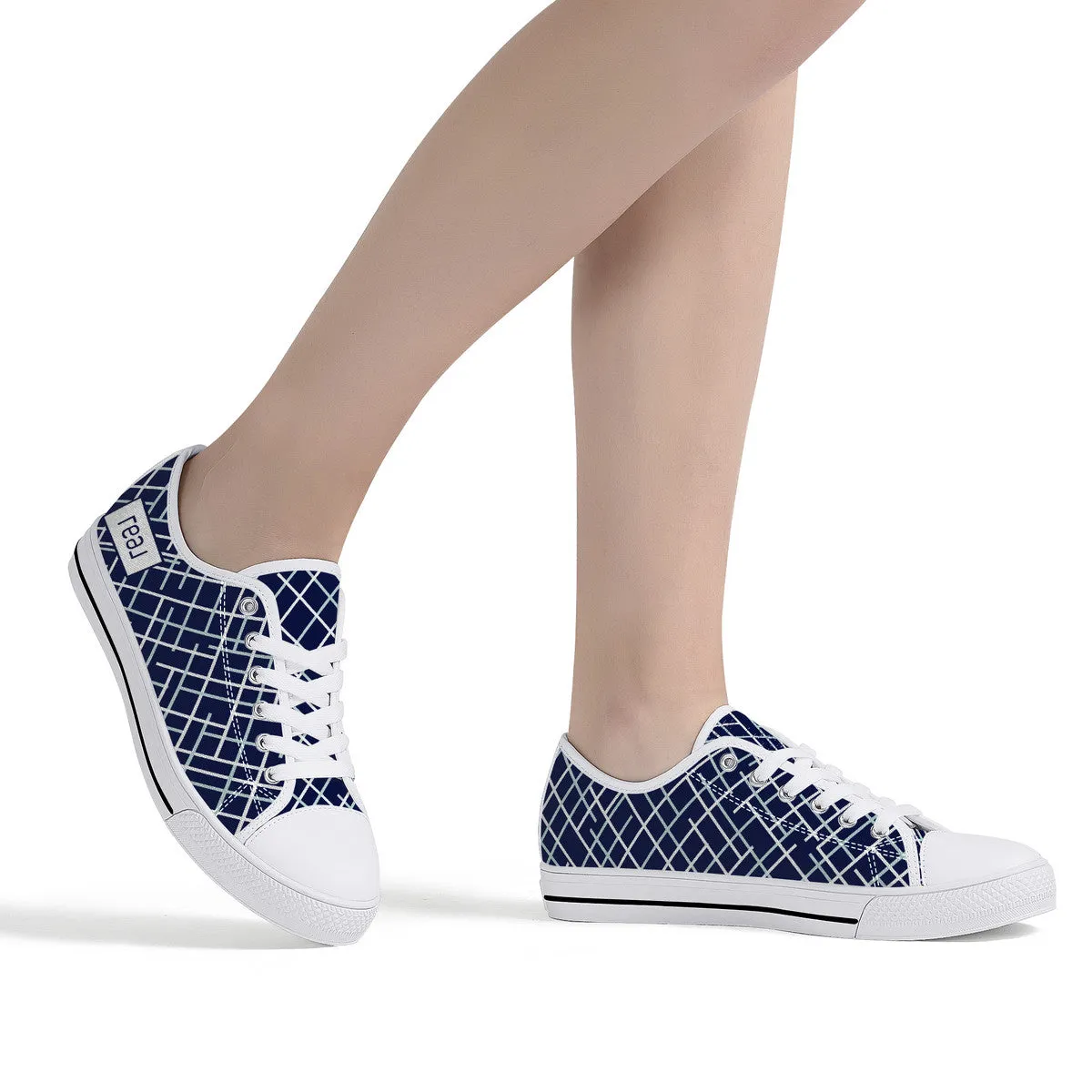 Real White Logo on Navy with Abstract Line Design Canvas Sneakers