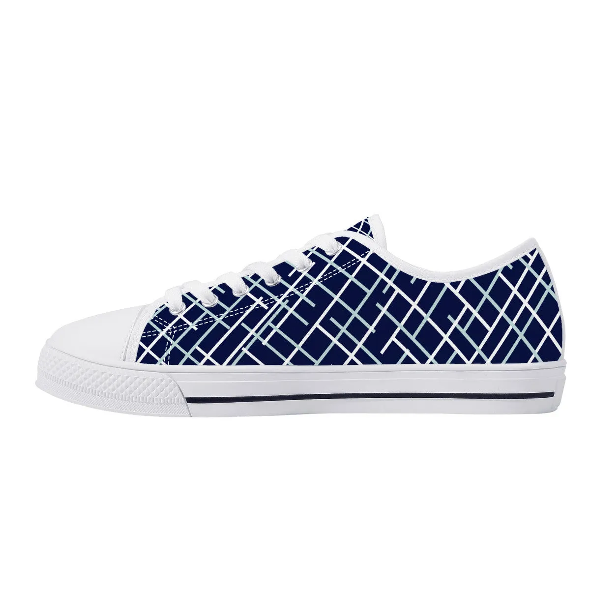 Real White Logo on Navy with Abstract Line Design Canvas Sneakers