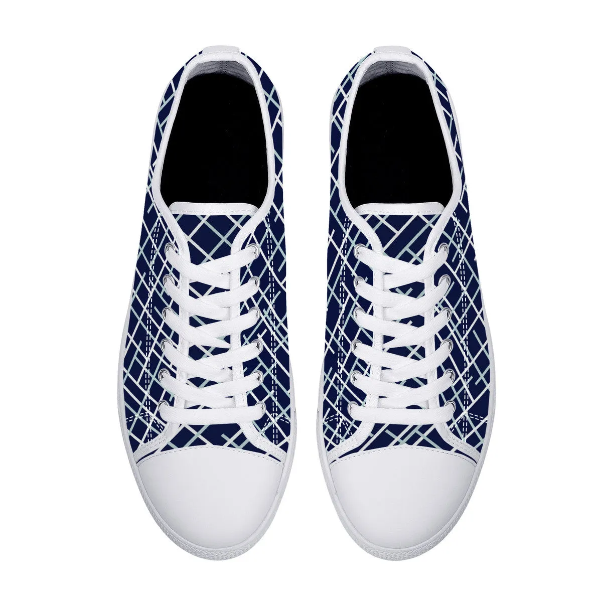 Real White Logo on Navy with Abstract Line Design Canvas Sneakers