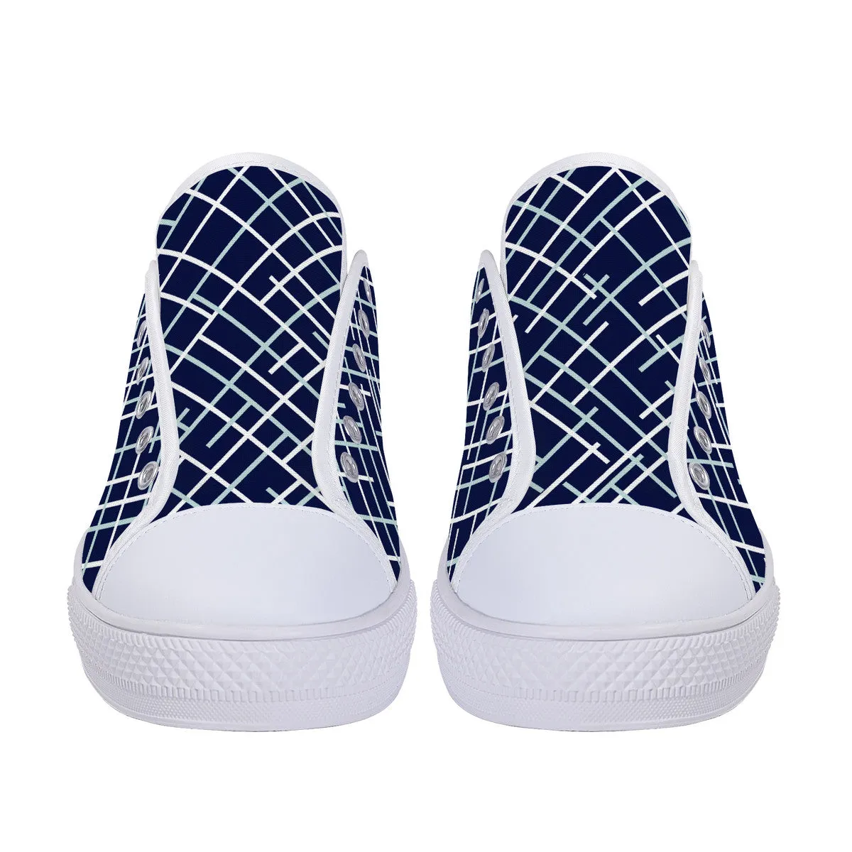 Real White Logo on Navy with Abstract Line Design Canvas Sneakers