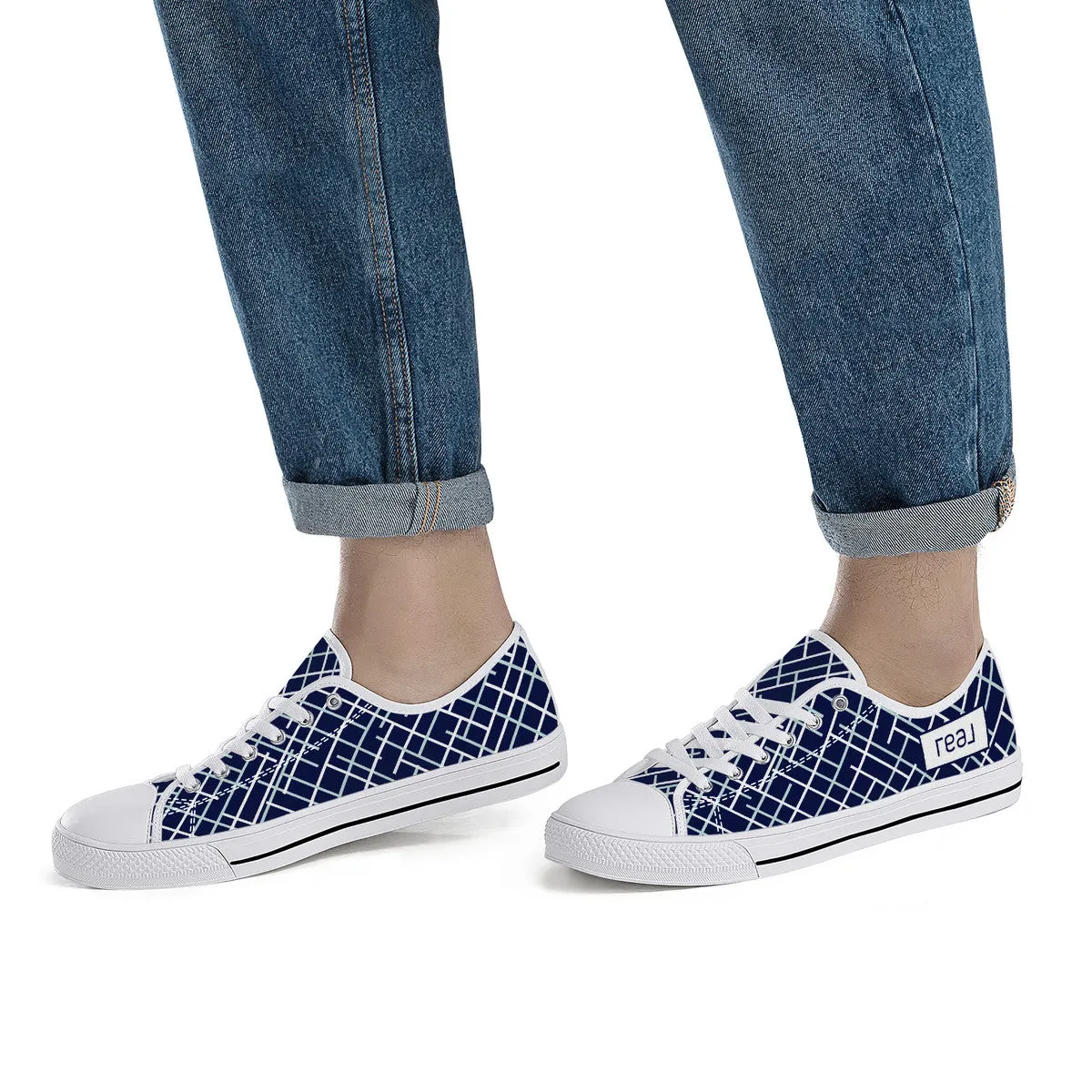 Real White Logo on Navy with Abstract Line Design Canvas Sneakers