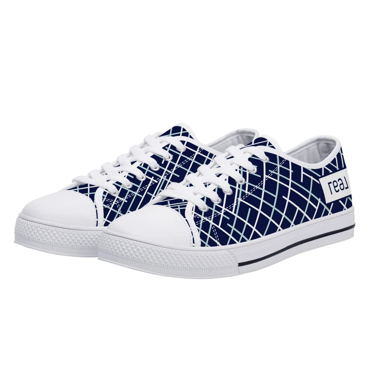 Real White Logo on Navy with Abstract Line Design Canvas Sneakers
