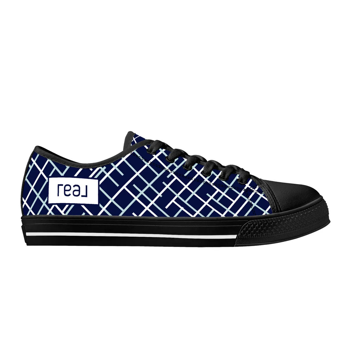 Real White Logo on Navy with Abstract Line Design with Black Toe Canvas Sneakers
