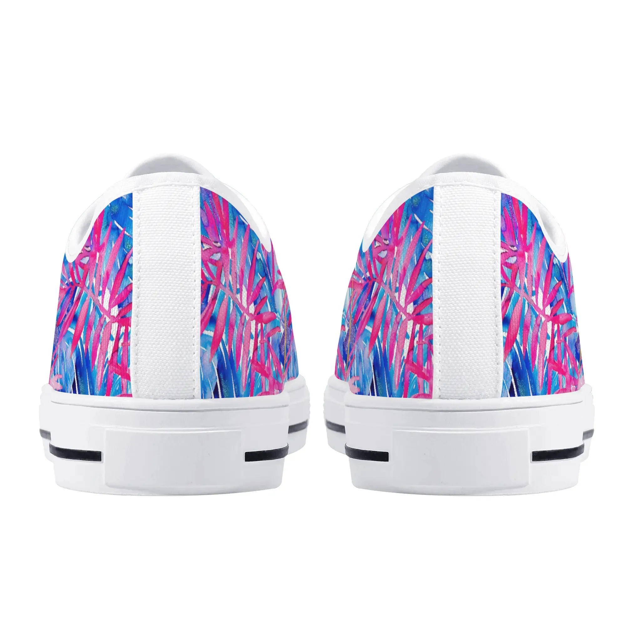 Tropical Harmony Blue and Dark Pink Palm Tree Leaves Womens Low Top Canvas Sneakers US5.5 - US12