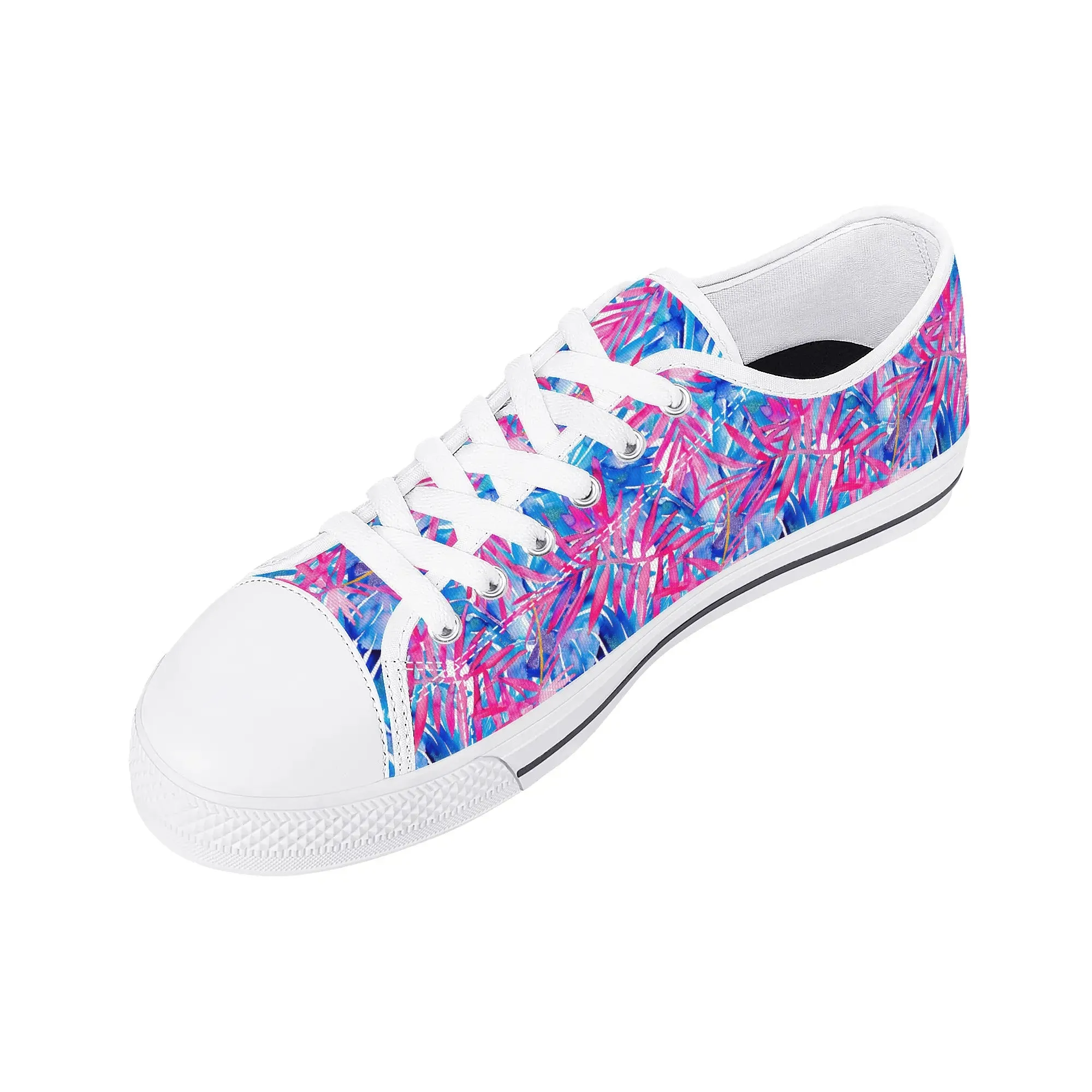 Tropical Harmony Blue and Dark Pink Palm Tree Leaves Womens Low Top Canvas Sneakers US5.5 - US12