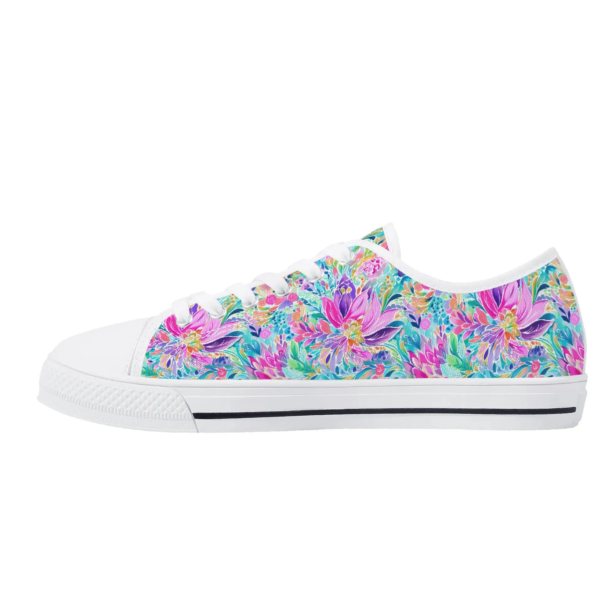 Tropical Prism: Rainbow Watercolor Flowers in Full Bloom Womens Low Top Canvas Sneakers US5.5 - US12