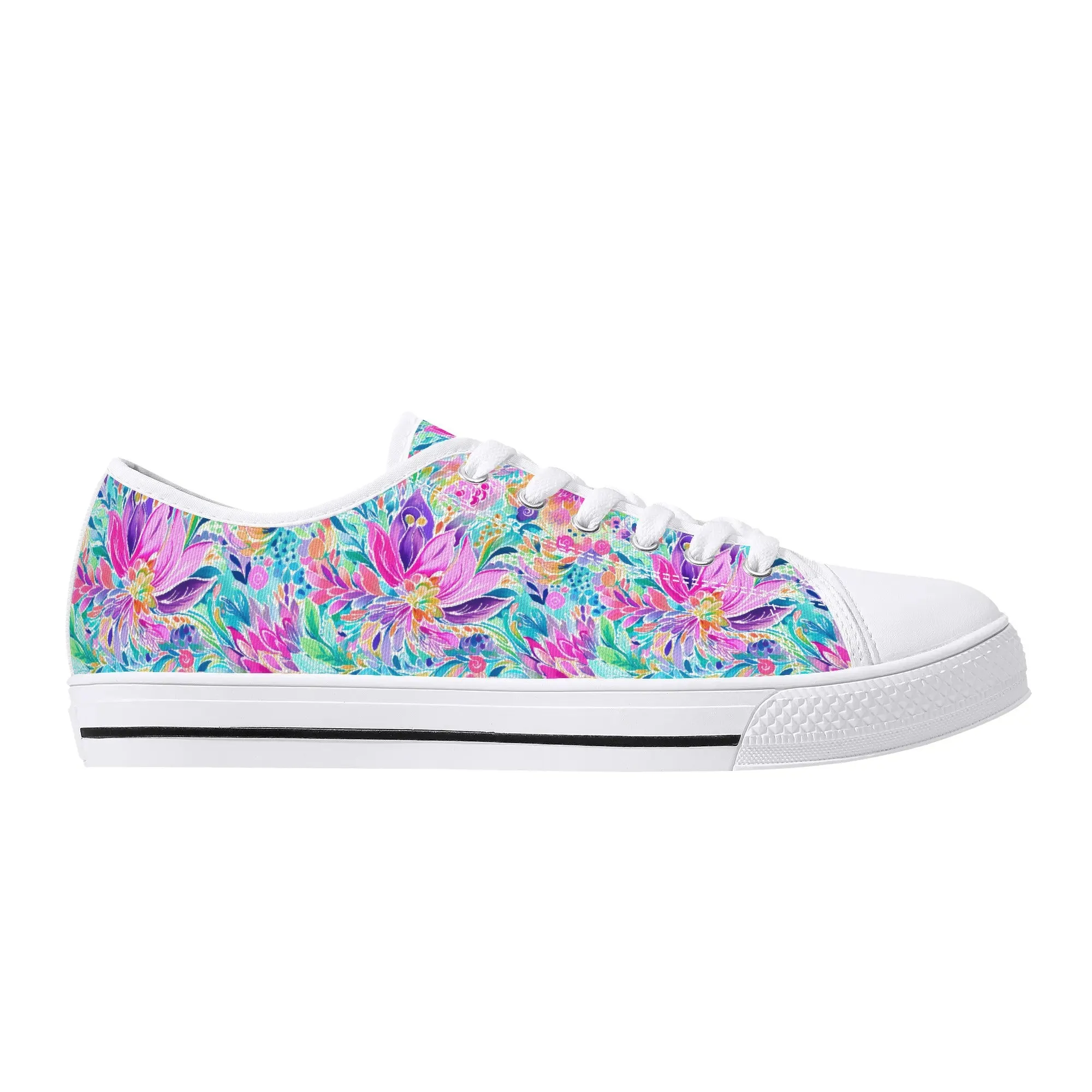 Tropical Prism: Rainbow Watercolor Flowers in Full Bloom Womens Low Top Canvas Sneakers US5.5 - US12