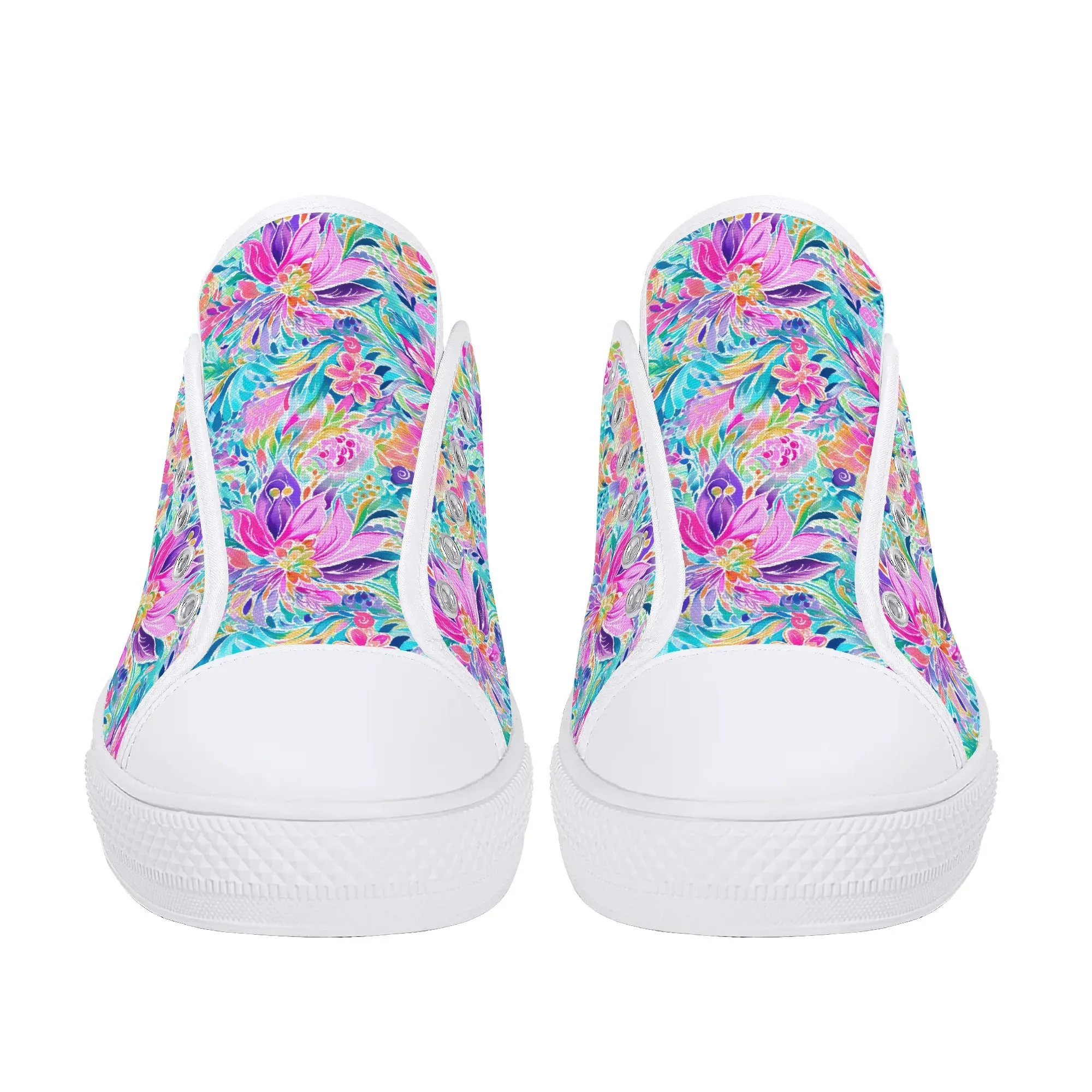 Tropical Prism: Rainbow Watercolor Flowers in Full Bloom Womens Low Top Canvas Sneakers US5.5 - US12