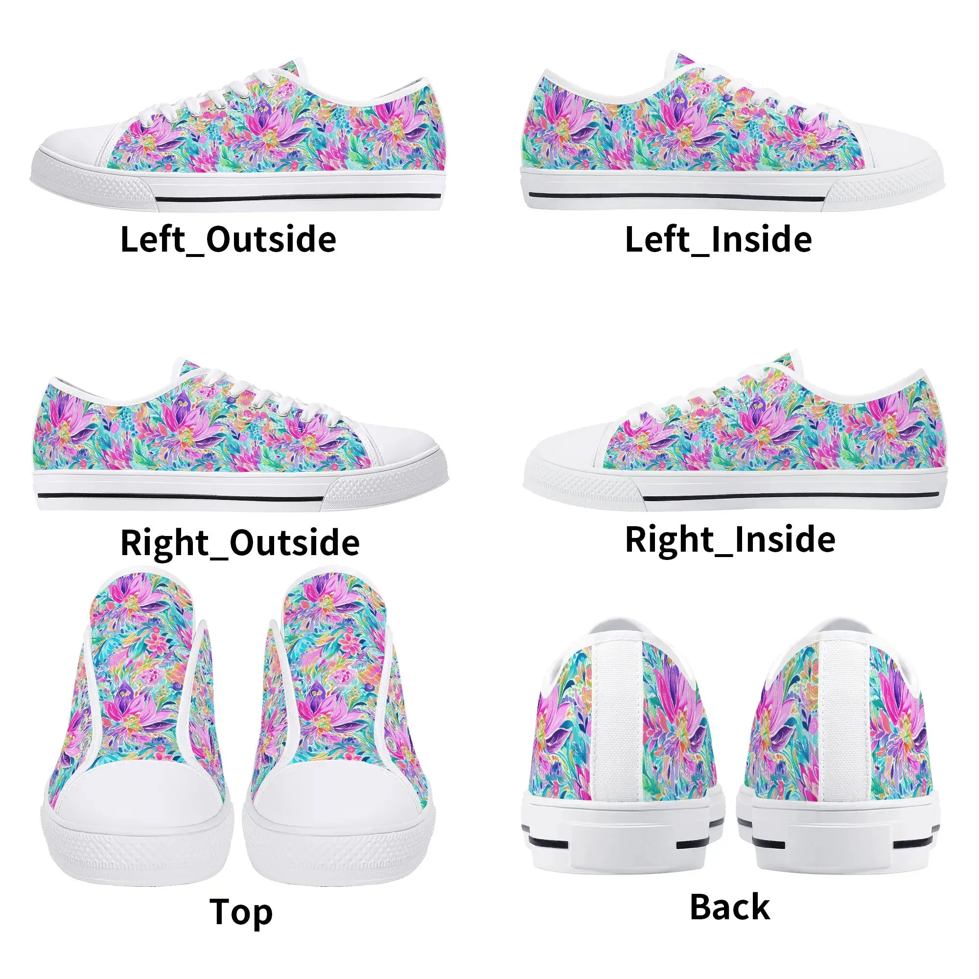 Tropical Prism: Rainbow Watercolor Flowers in Full Bloom Womens Low Top Canvas Sneakers US5.5 - US12