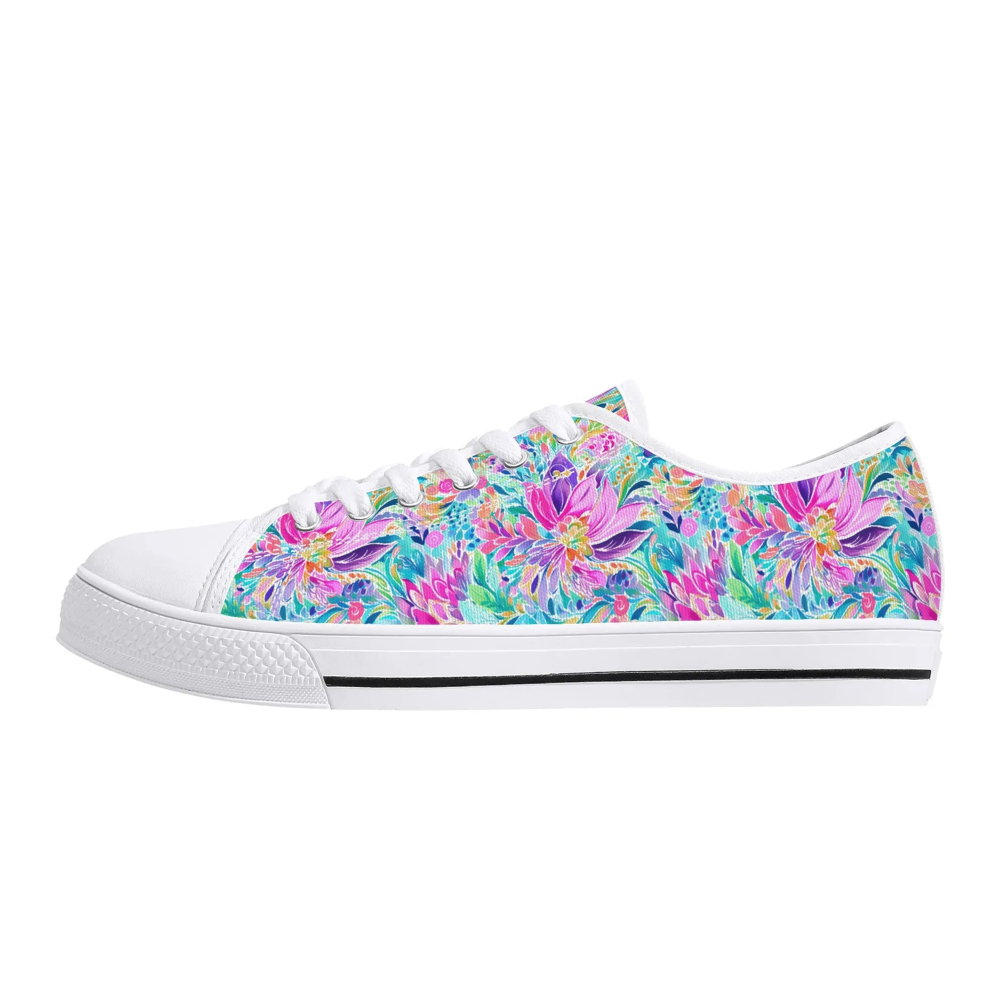 Tropical Prism: Rainbow Watercolor Flowers in Full Bloom Womens Low Top Canvas Sneakers US5.5 - US12