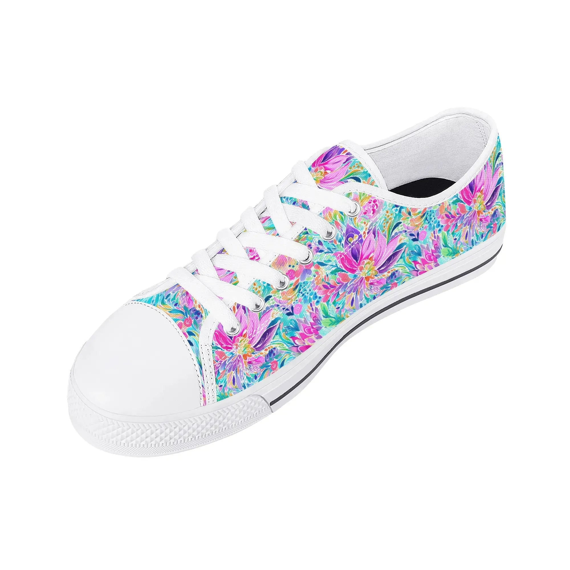 Tropical Prism: Rainbow Watercolor Flowers in Full Bloom Womens Low Top Canvas Sneakers US5.5 - US12