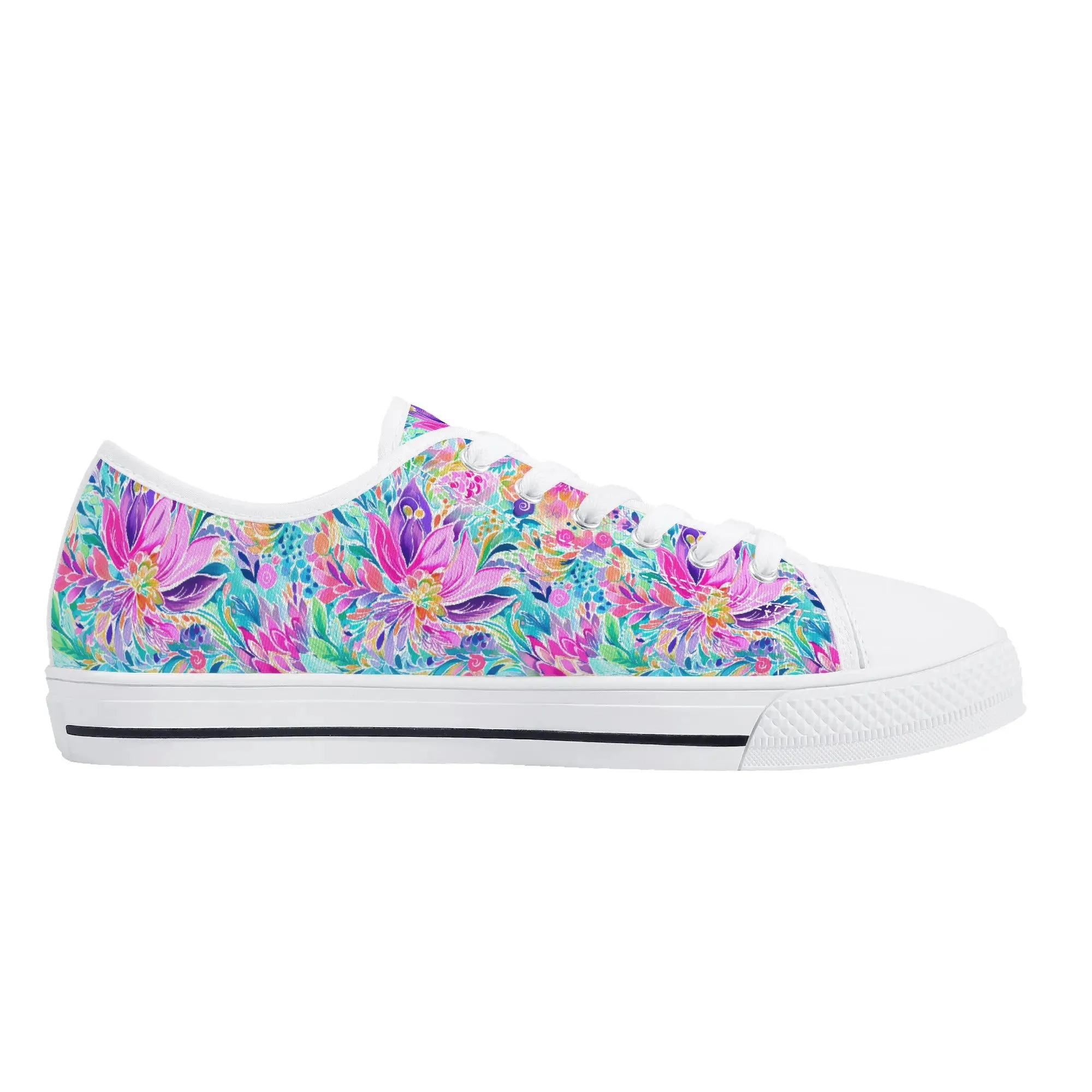 Tropical Prism: Rainbow Watercolor Flowers in Full Bloom Womens Low Top Canvas Sneakers US5.5 - US12