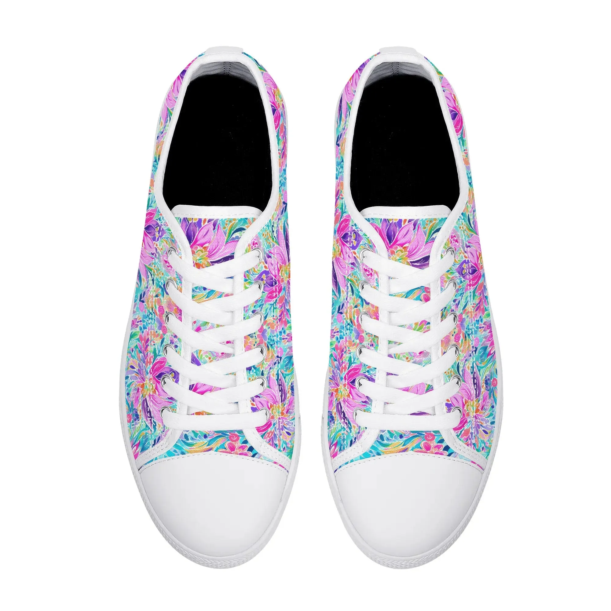 Tropical Prism: Rainbow Watercolor Flowers in Full Bloom Womens Low Top Canvas Sneakers US5.5 - US12