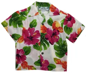 Two Palms Boys Hawaiian Shirt Hibiscus Watercolors White