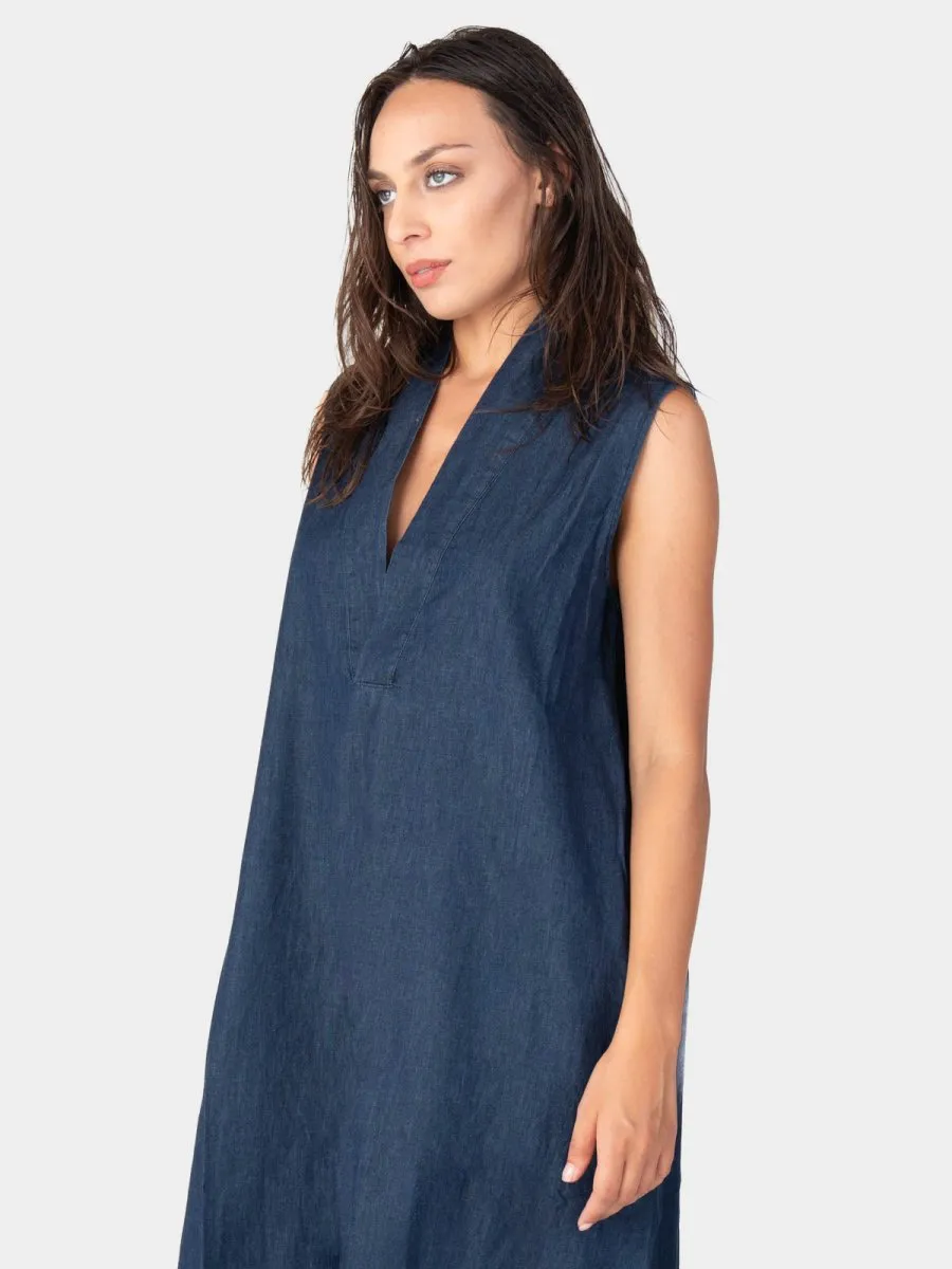V-Neck Sleeveless Denim Midi Dress