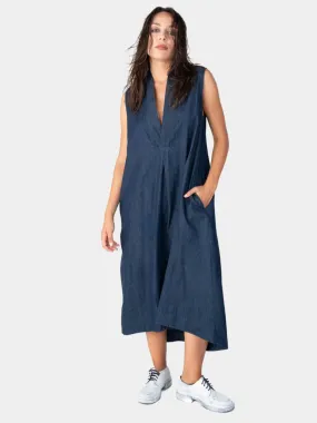 V-Neck Sleeveless Denim Midi Dress