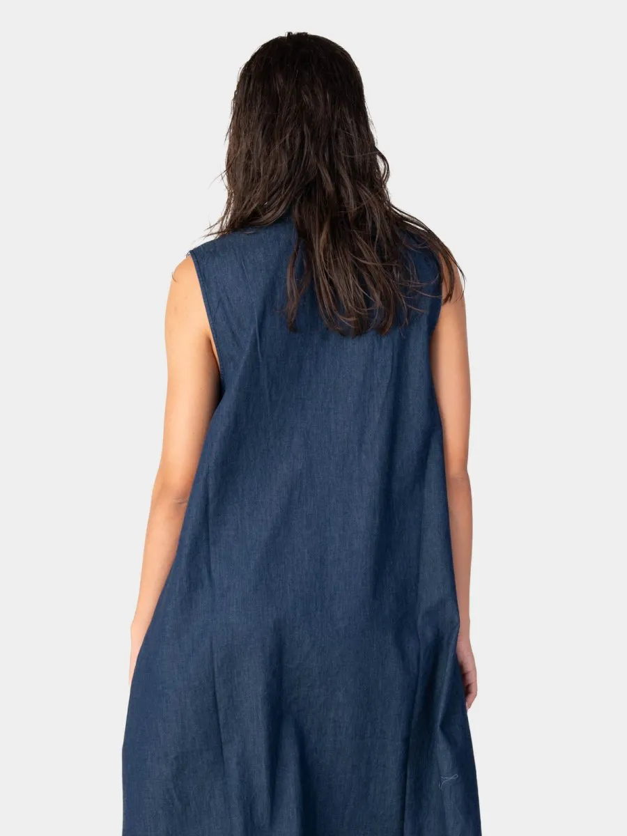 V-Neck Sleeveless Denim Midi Dress