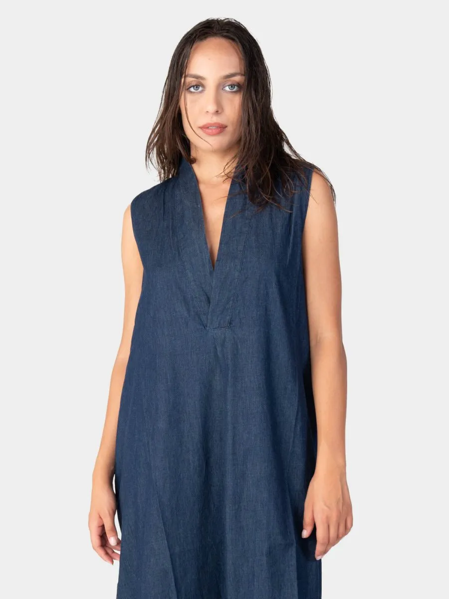 V-Neck Sleeveless Denim Midi Dress