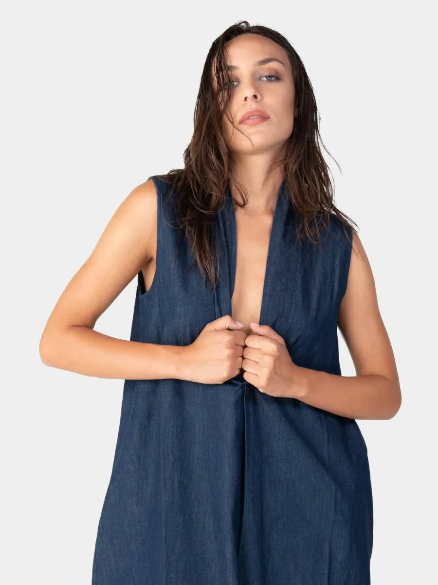V-Neck Sleeveless Denim Midi Dress