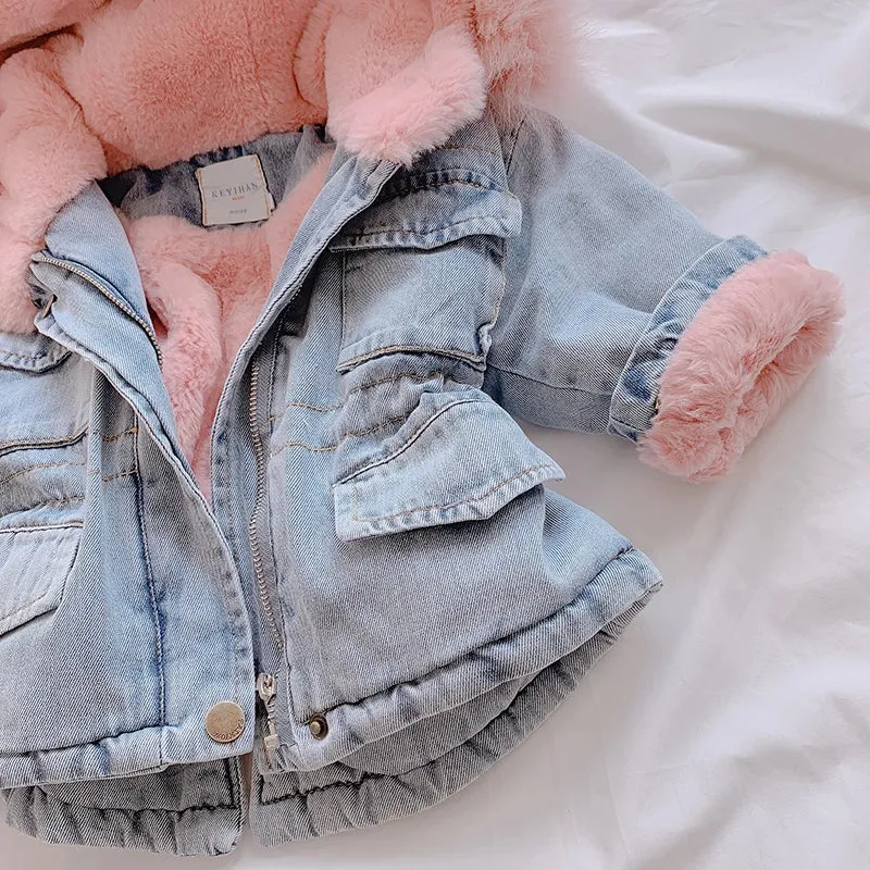 Winter Baby Girl Denim Jacket Plus Velvet Warm Thick Toddler Girl Outerwear Coat 1-5 Years Kids Infant Girl Parka