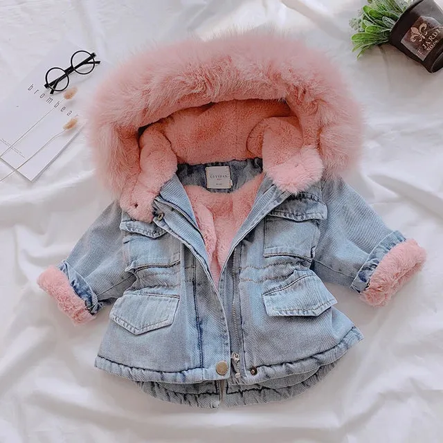 Winter Baby Girl Denim Jacket Plus Velvet Warm Thick Toddler Girl Outerwear Coat 1-5 Years Kids Infant Girl Parka