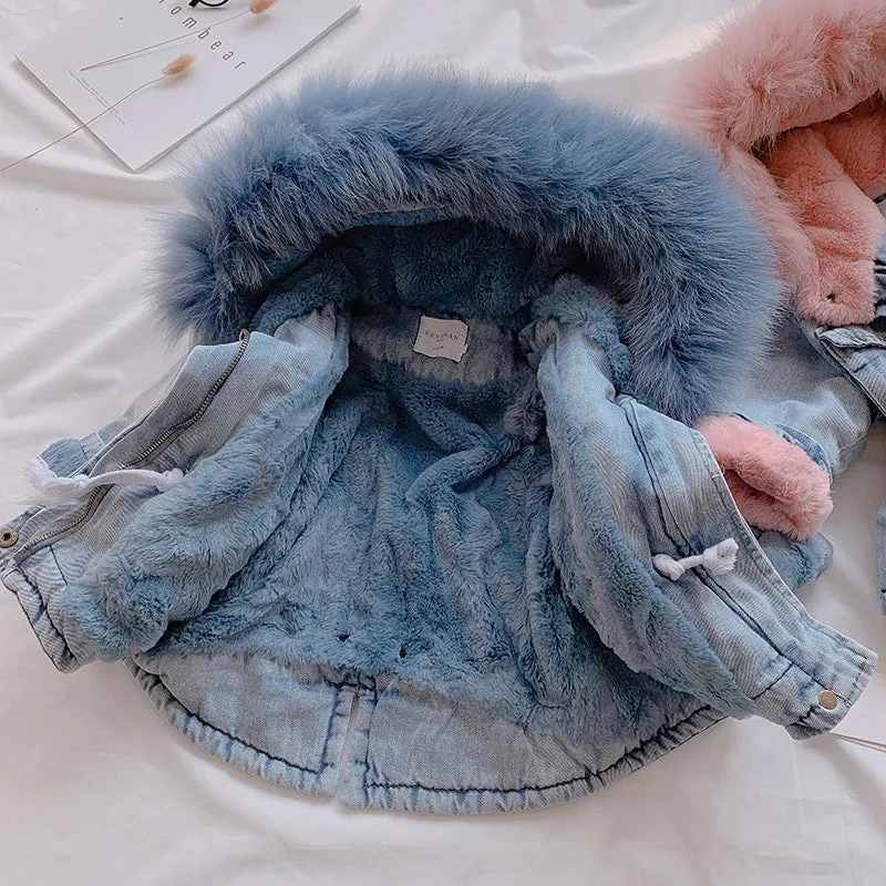 Winter Baby Girl Denim Jacket Plus Velvet Warm Thick Toddler Girl Outerwear Coat 1-5 Years Kids Infant Girl Parka