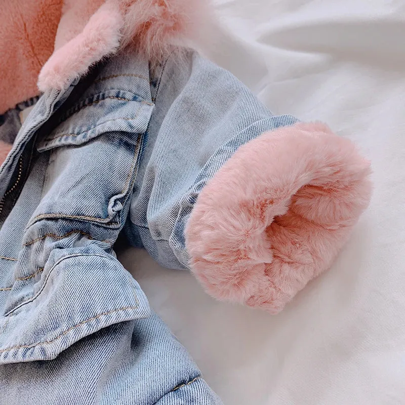 Winter Baby Girl Denim Jacket Plus Velvet Warm Thick Toddler Girl Outerwear Coat 1-5 Years Kids Infant Girl Parka