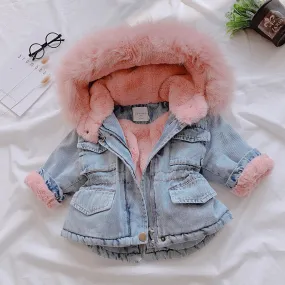 Winter Baby Girl Denim Jacket Plus Velvet Warm Thick Toddler Girl Outerwear Coat 1-5 Years Kids Infant Girl Parka