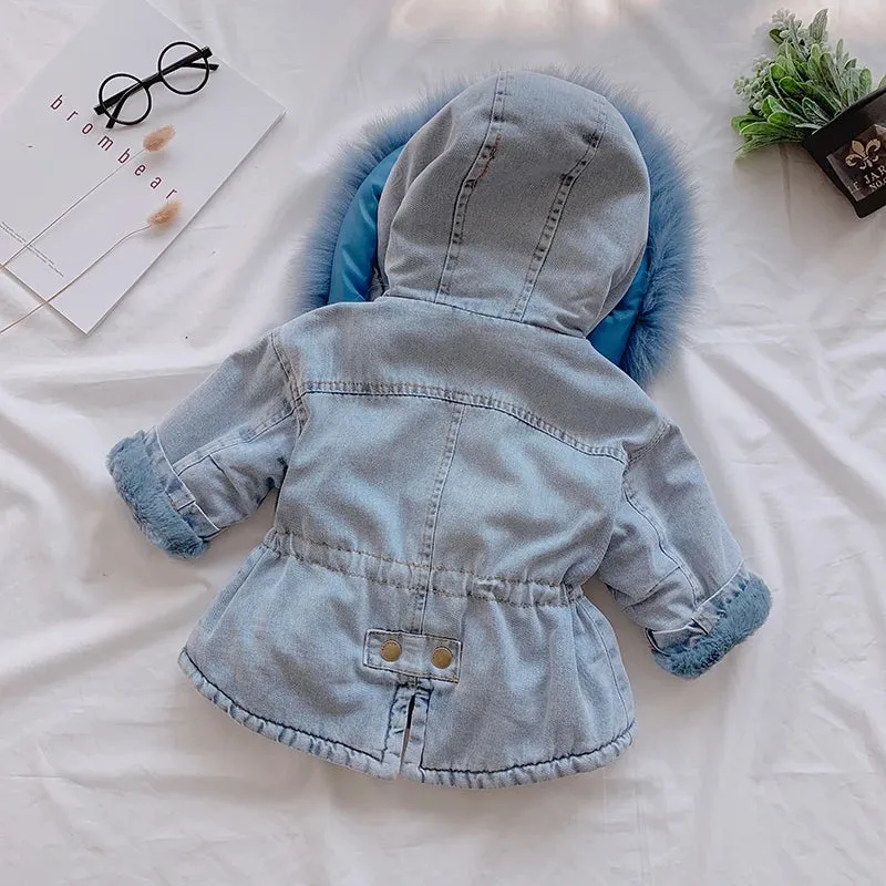 Winter Baby Girl Denim Jacket Plus Velvet Warm Thick Toddler Girl Outerwear Coat 1-5 Years Kids Infant Girl Parka