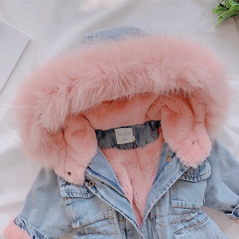 Winter Baby Girl Denim Jacket Plus Velvet Warm Thick Toddler Girl Outerwear Coat 1-5 Years Kids Infant Girl Parka