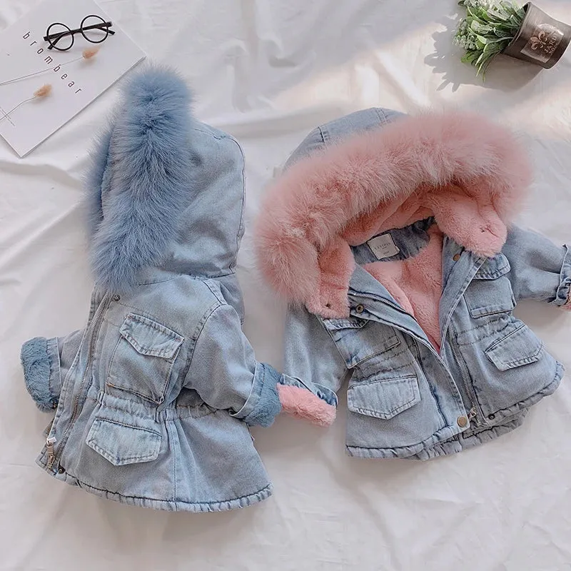 Winter Baby Girl Denim Jacket Plus Velvet Warm Thick Toddler Girl Outerwear Coat 1-5 Years Kids Infant Girl Parka
