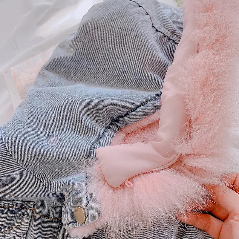 Winter Baby Girl Denim Jacket Plus Velvet Warm Thick Toddler Girl Outerwear Coat 1-5 Years Kids Infant Girl Parka