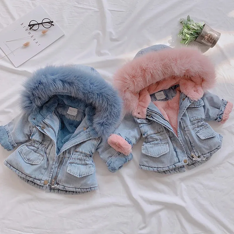 Winter Baby Girl Denim Jacket Plus Velvet Warm Thick Toddler Girl Outerwear Coat 1-5 Years Kids Infant Girl Parka