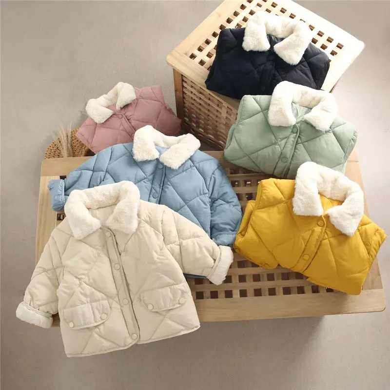 Winter Children's Warm Cotton Jackets Rabbit Fur Collar Coats Baby Short Quilted Jacket Kids Clothes Girl Boy Outerwear
