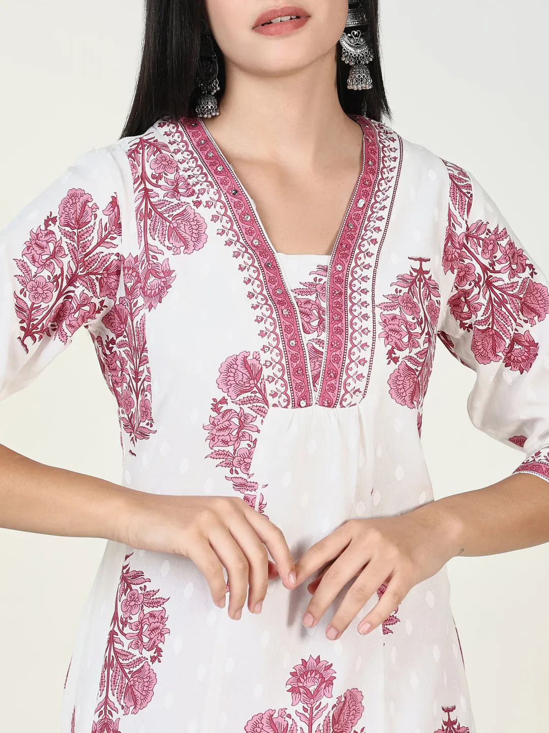 Women Floral Pink A Line Kurta Set with Dupatta