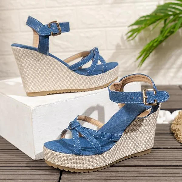 Women's Fashion Straw Denim Wedge Sandals 16233060S
