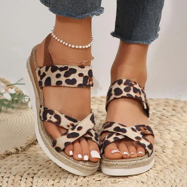 Women's Retro Leopard Cross Strap Wedge Sandals 41436833S