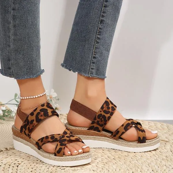 Women's Retro Leopard Cross Strap Wedge Sandals 41436833S