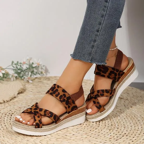 Women's Retro Leopard Cross Strap Wedge Sandals 41436833S