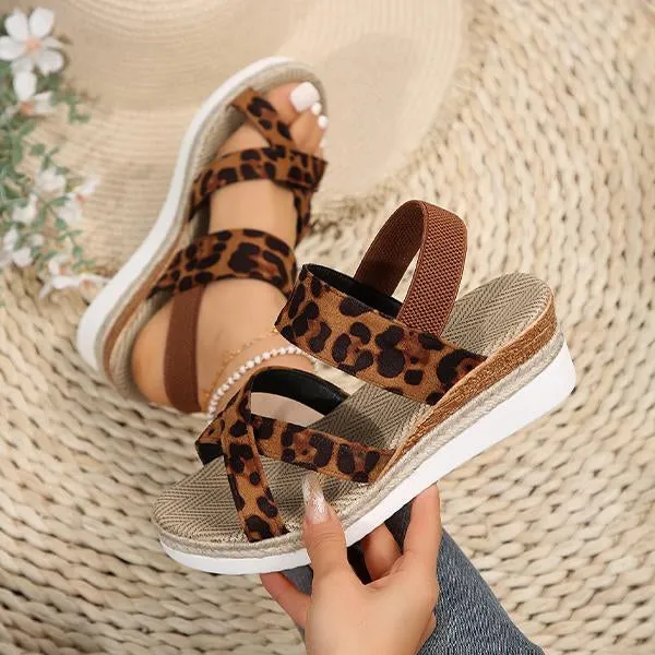 Women's Retro Leopard Cross Strap Wedge Sandals 41436833S