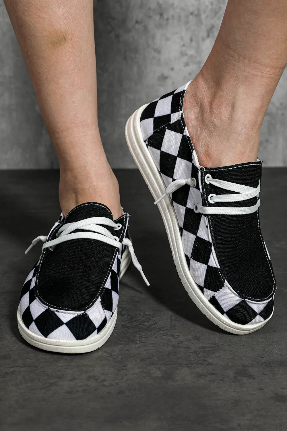 Women's Round Black White Checkerboard Print Slip On Sneakers