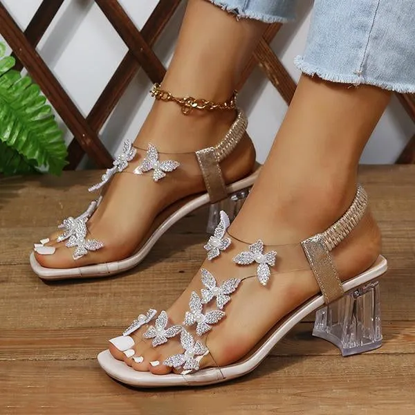 Women's Square Toe Elastic Butterfly Flower Sandals 87423779C