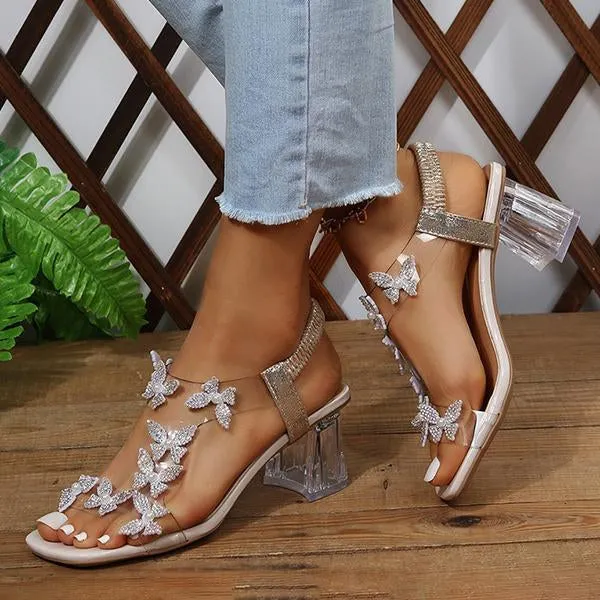 Women's Square Toe Elastic Butterfly Flower Sandals 87423779C