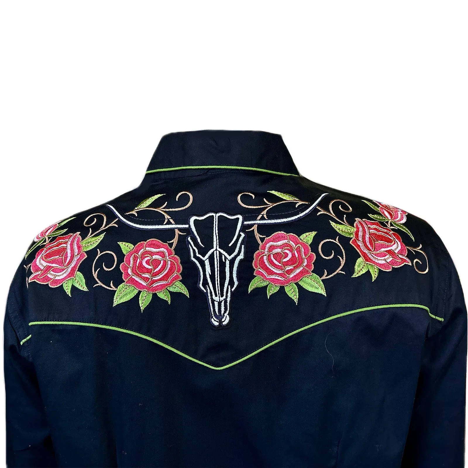 Women's Vinatge Black Steer Longhorn & Floral Embroidered Western Shirt