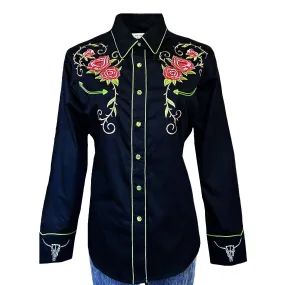 Women's Vinatge Black Steer Longhorn & Floral Embroidered Western Shirt