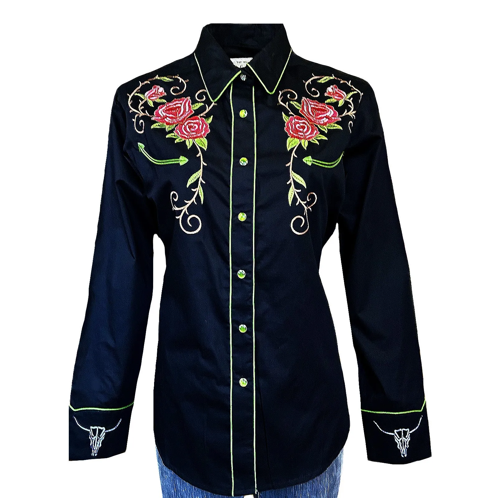 Women's Vinatge Black Steer Longhorn & Floral Embroidered Western Shirt