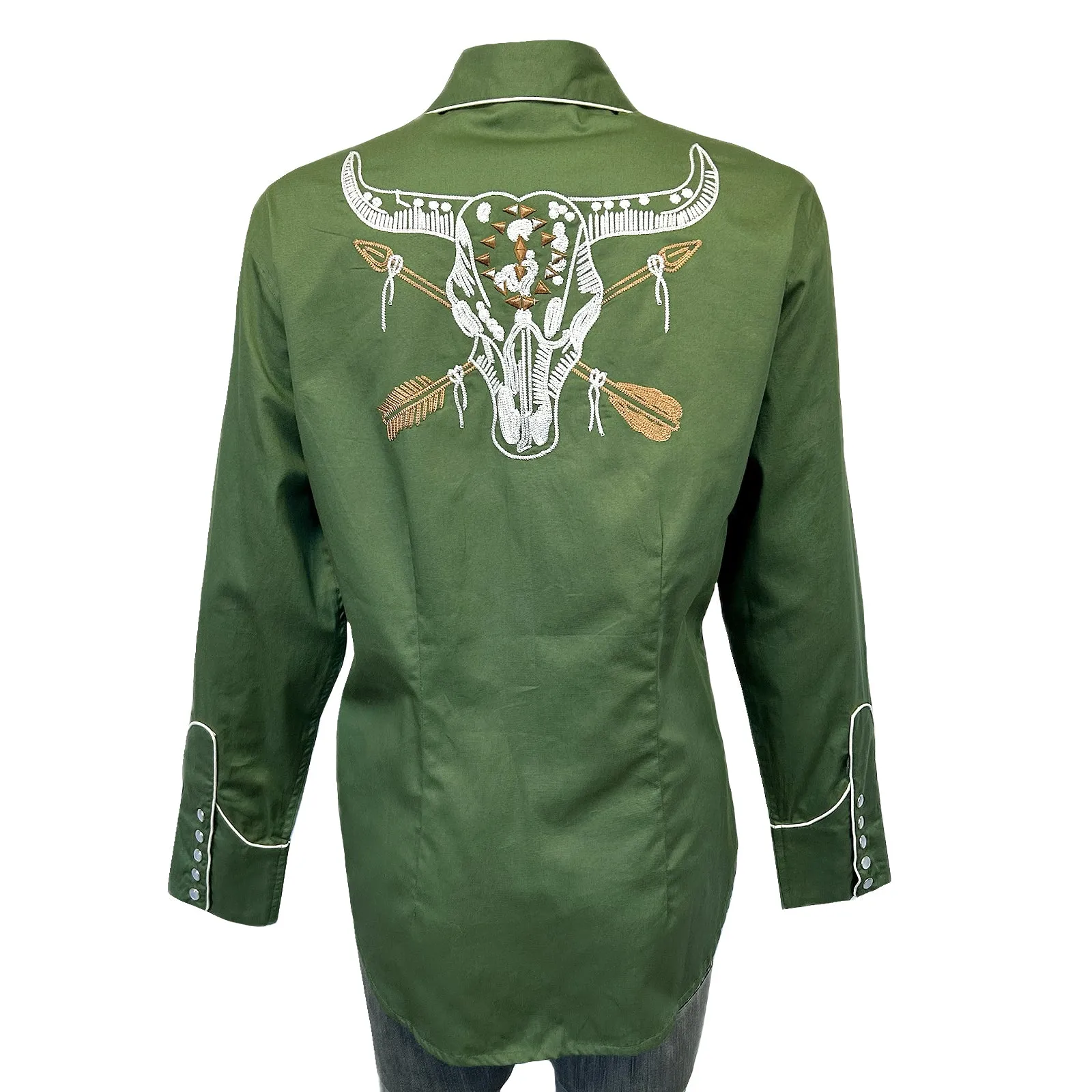 Women’s Vintage Green Steer Skull & Arrow Chain Stitch Embroidered Western Shirt