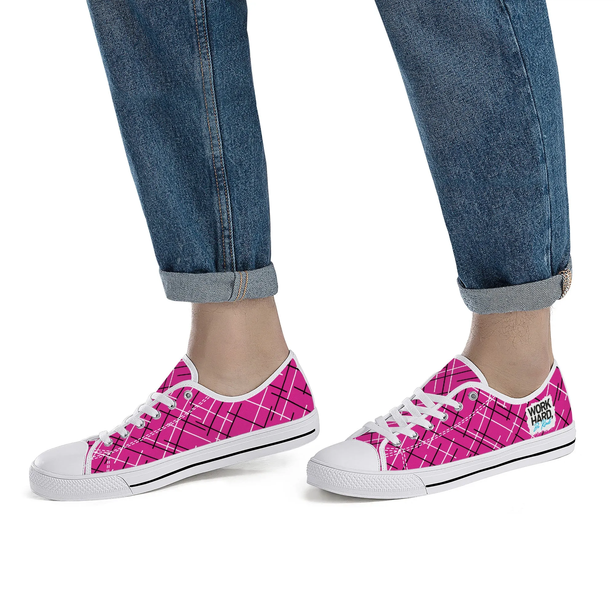 Work Hard Be Kind - Pink / Lines Low Top Canvas Shoes