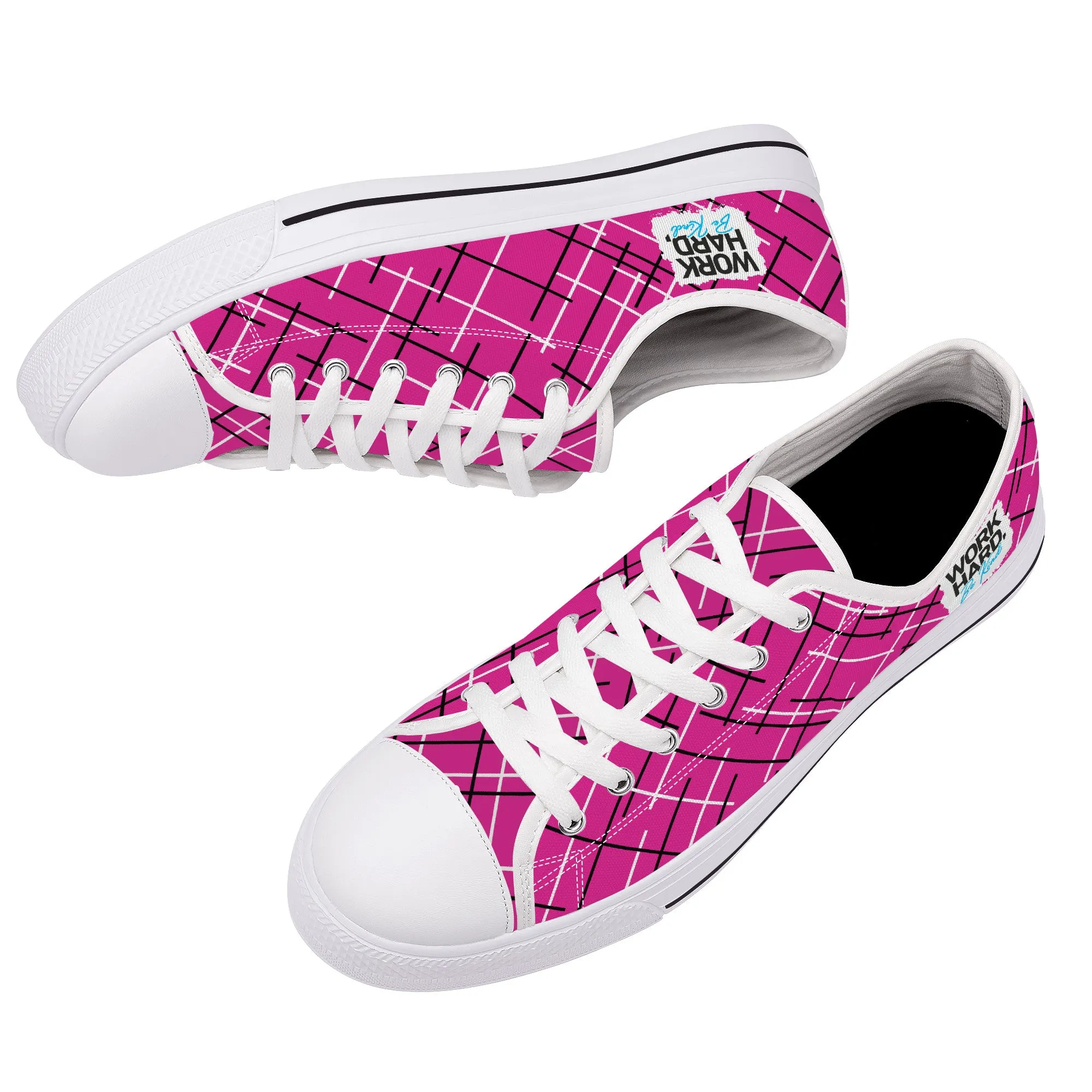 Work Hard Be Kind - Pink / Lines Low Top Canvas Shoes